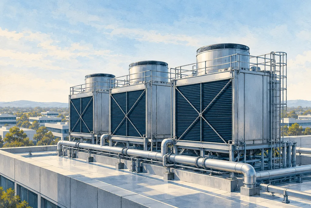 Architectural illustration of rooftop cooling towers on a commercial building.